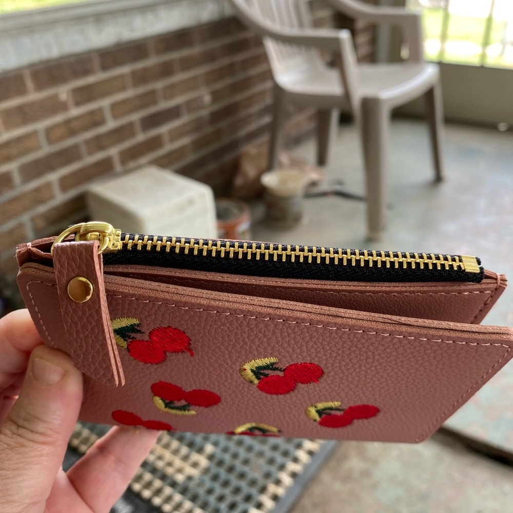 Brown and Red Leather Wallet with Whimsical Floral Design - Picture 2 of 7